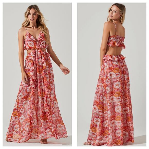 ASTR The Label Palace Floral Cut Out Ruffled Maxi Dress Size Medium Pink Wedding - Picture 1 of 13
